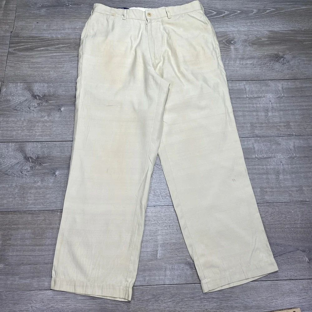 Polo Ralph Lauren Pants Mens 34x32 Beige Silk Blend Pleated Dress Classic Casual